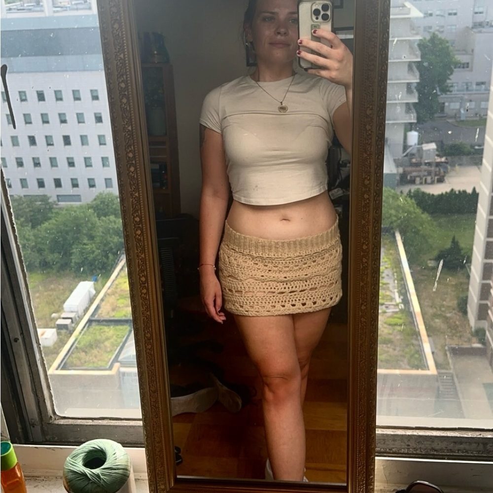 Beige Crochet Mini Skirt cover up